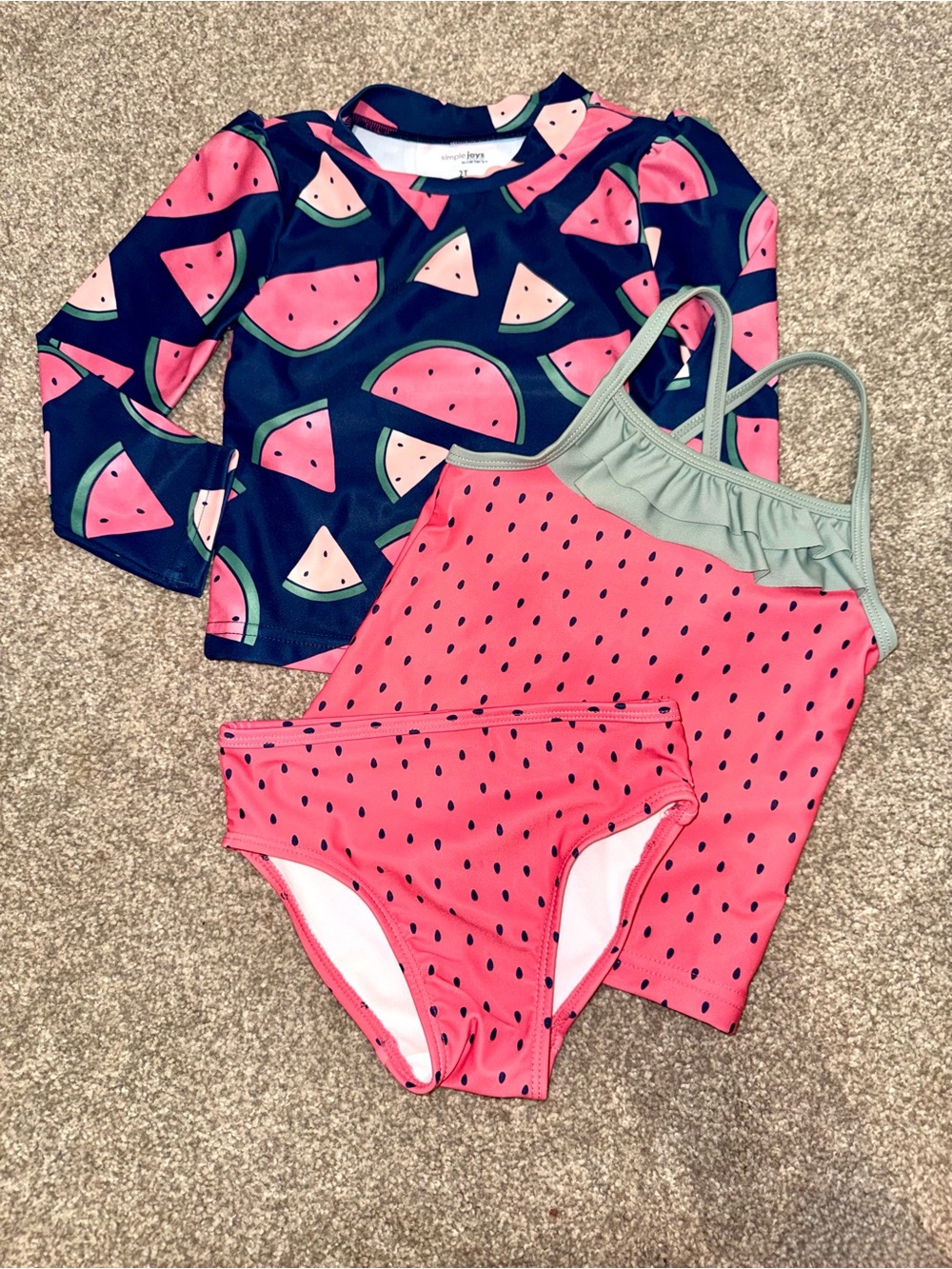 NWOT-Simple Joys Carter’s Girls 2T Watermelon 3PC Swimsuit Rashguard/Tankini Set